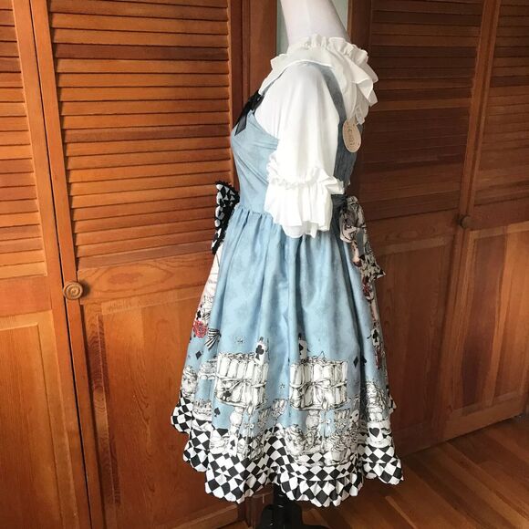 Lolita Alice in Wonderland Tea Party Follow the White Rabbit! Blue White Dress S - Picture 5 of 13